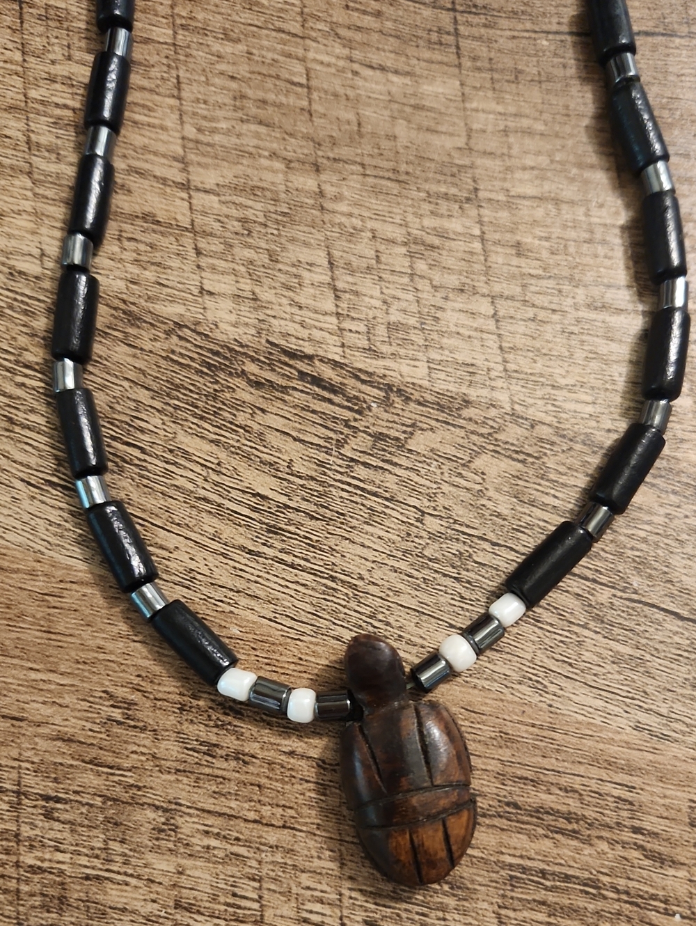 Carved Wooden Turtle Pendant Beaded Necklace - Black and Brown